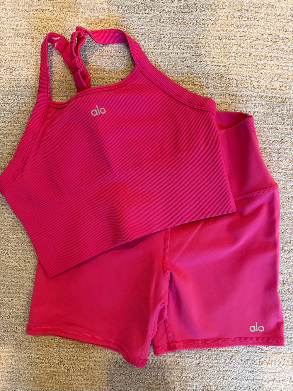 Alo Pink Summer Crush Ribbed Sports Bra & Shorts Set